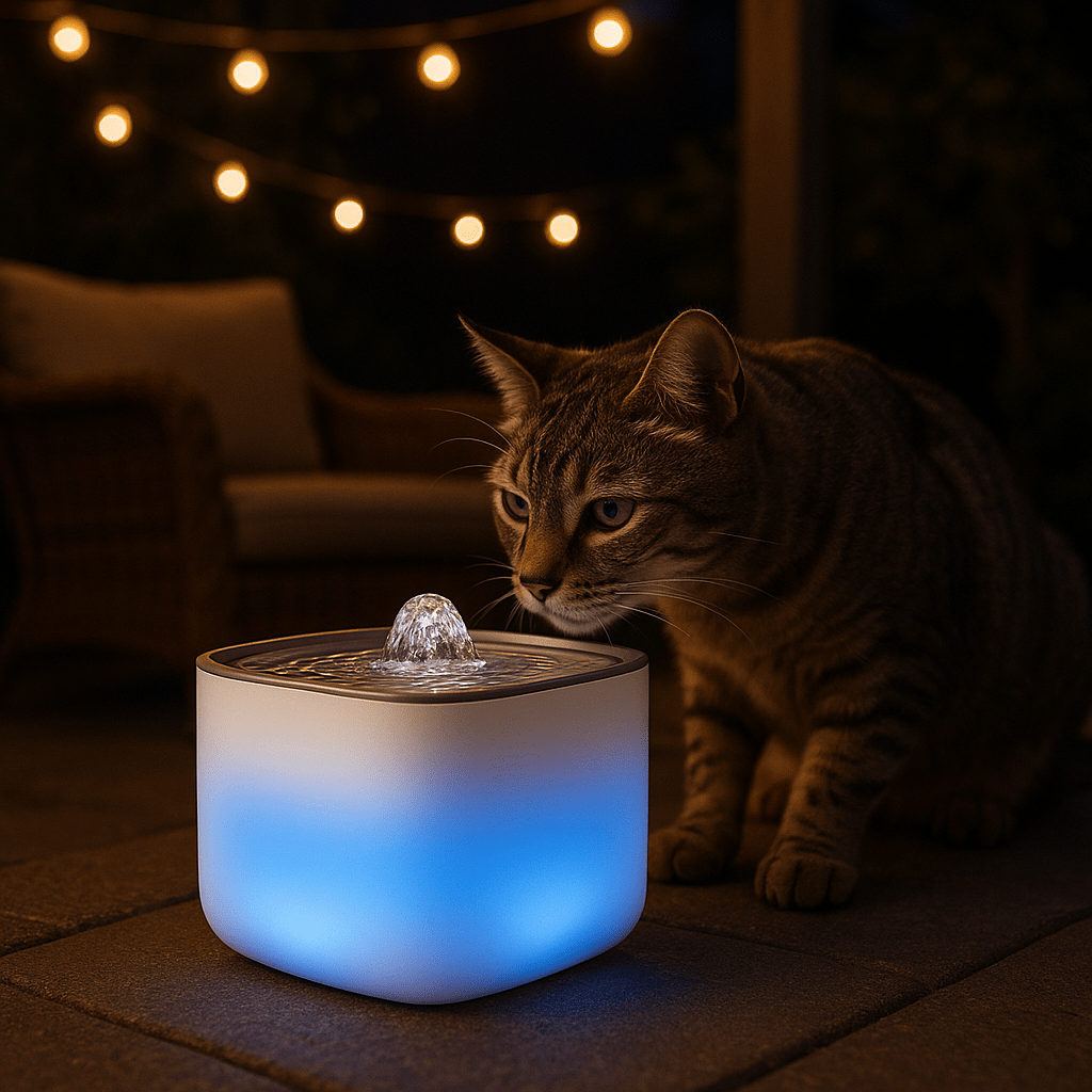 Fontaine à eau pour chat PIVOINE blanche éclairée par une douce lumière LED bleue, ambiance apaisante.